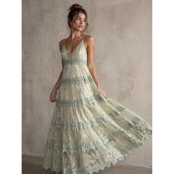 Anthropologie Dresses & Skirts - Anthropologie BHLDN Maxi Dress 4 Sage Green Silk Tiered Lace Romantic Ethereal